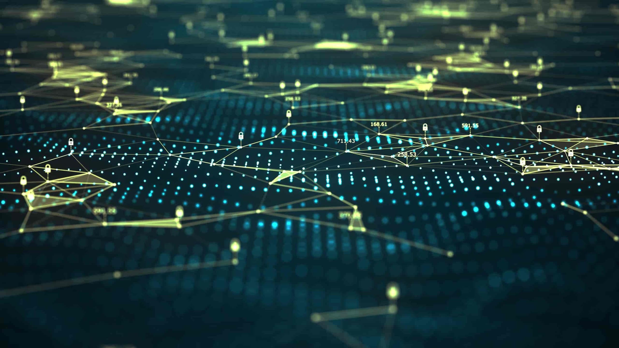 Abstract digital network landscape with glowing dots and lines over dark blue background, representing a complex data network or connectivity.