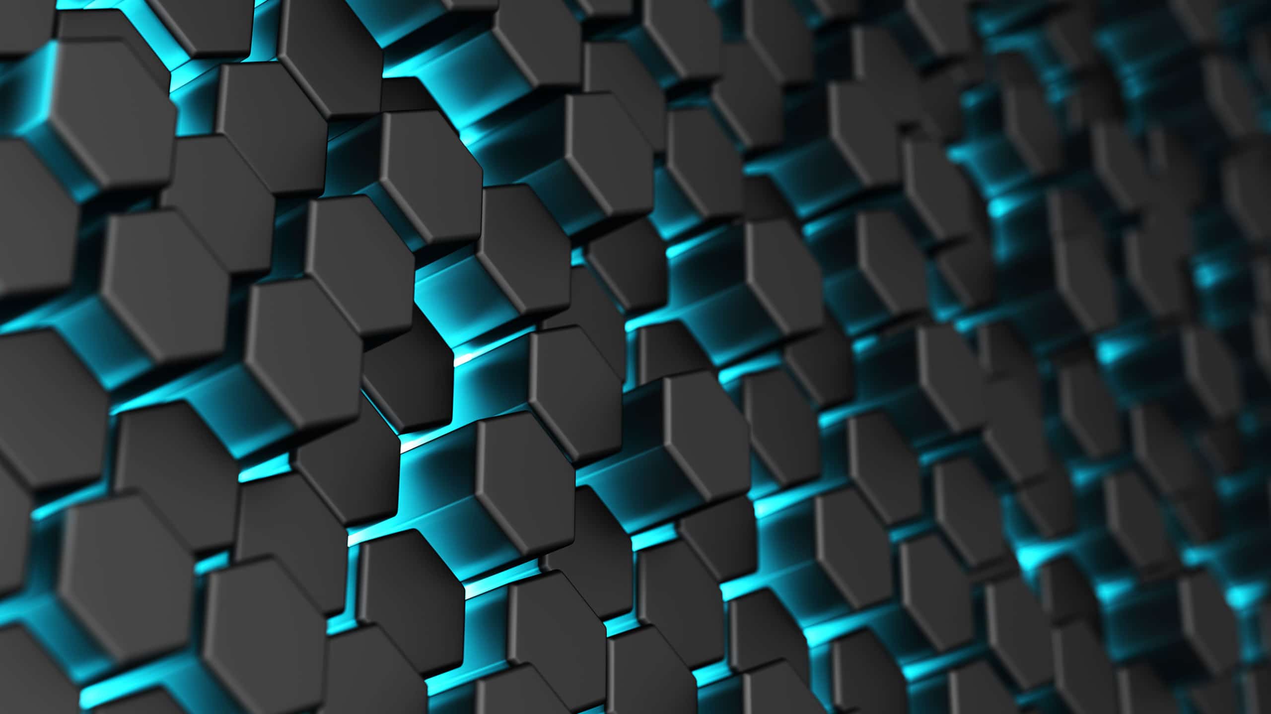 3D render of a pattern of black hexagonal tiles with neon blue light glowing from the edges, creating a futuristic effect. The focus blurs slightly towards the background, emblematic of Discord Malware
