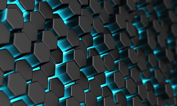 A hexagonal pattern with a futuristic design, featuring black hexagons with glowing blue edges against a dark background, creating a 3D effect reminiscent of the TOWINAP interface.