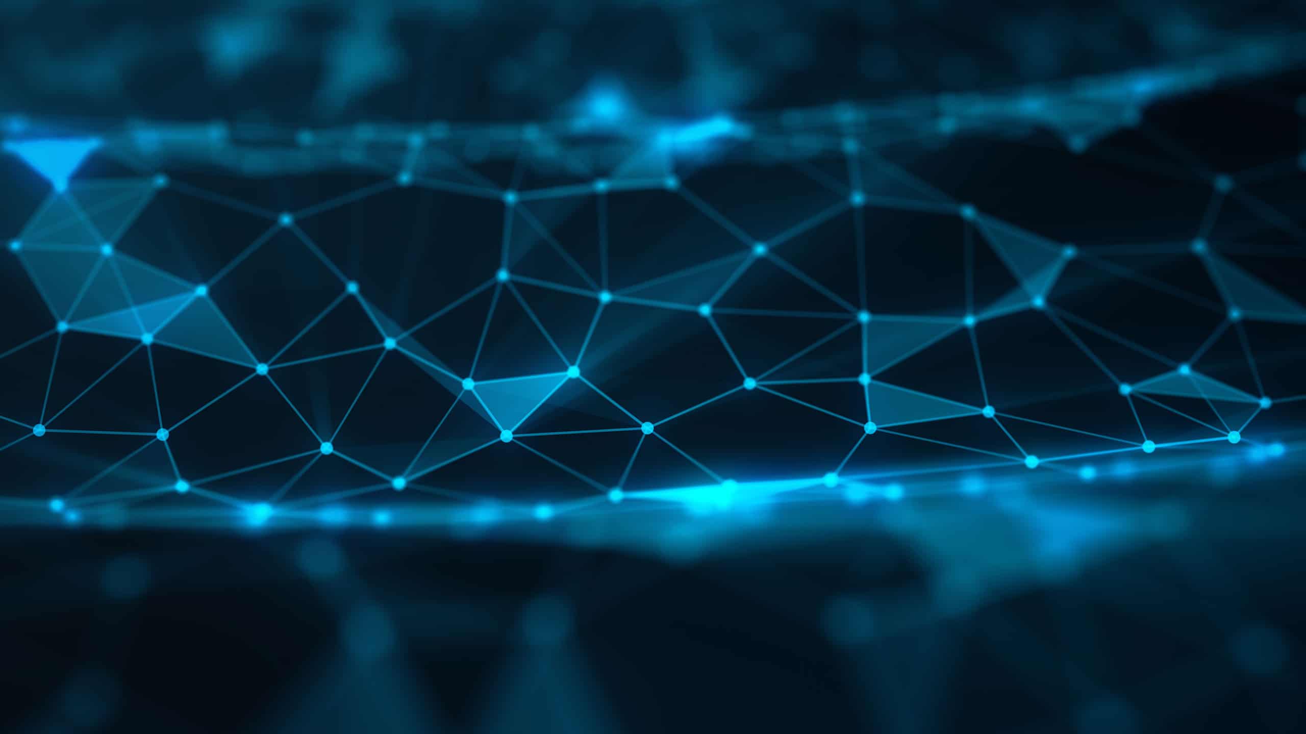 Abstract digital background displaying interconnected blue and teal nodes with glowing DNS connections forming a mesh-like structure across a dark backdrop.