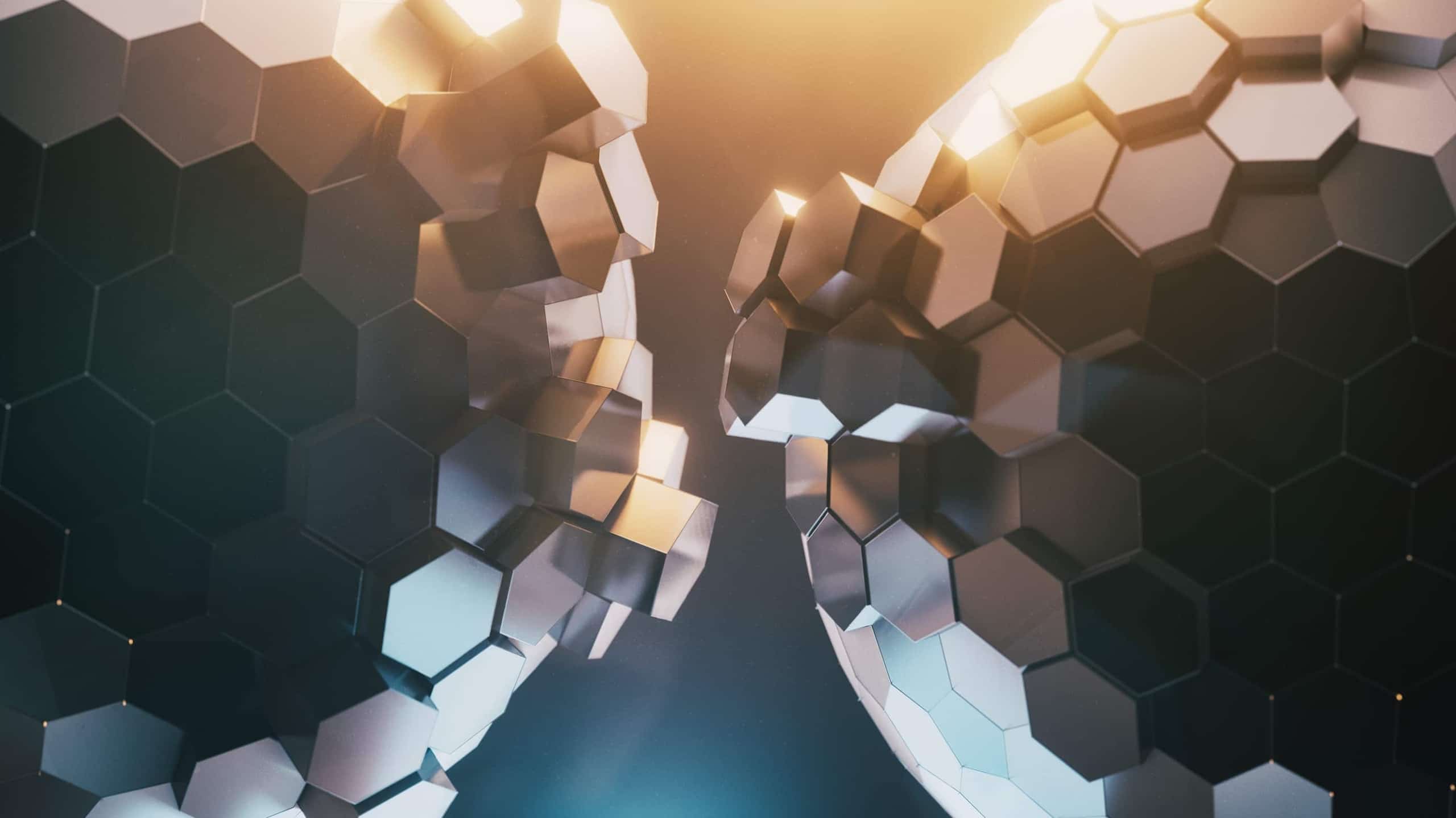 3d rendering of a futuristic hexagonal structure in dark tones with some segments disconnecting and glowing edges, creating a dynamic, abstract formation.