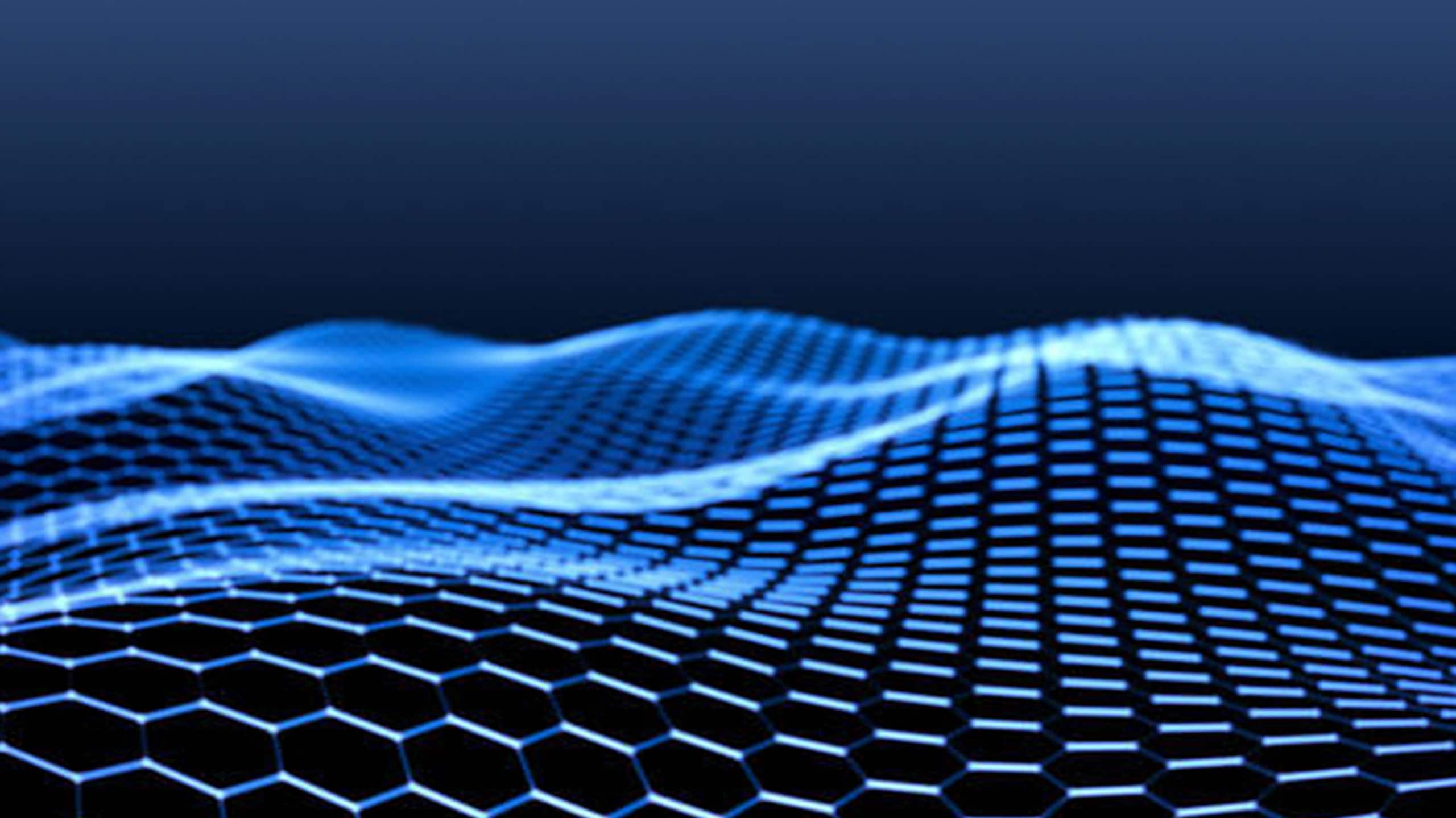 Digital illustration of a dynamic blue hexagonal mesh landscape on a dark background, representing a 3d topographical map with waves.