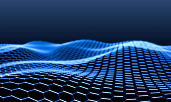 Digital representation of a dynamic, blue wave pattern across a black hexagonal mesh background, symbolizing data flow or network connectivity in technology.