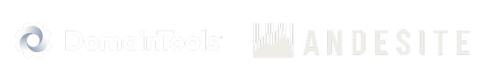 The logo showcases a white gear symbol alongside "DomainTools" in white, hinting at an upcoming DomainTools demo. A vertical line divides it from "ANDESITE," with a stylized mountain graphic above. The entire design is set against a sleek black background.