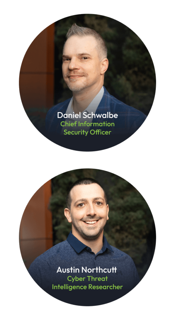 Two circular portraits of men with names and titles. The first is Daniel Schwalbe, Chief Information Security Officer; the second is Austin Northcutt, Cyber Threat Intelligence Researcher. Both are smiling, wearing blazers, with green text below their names.