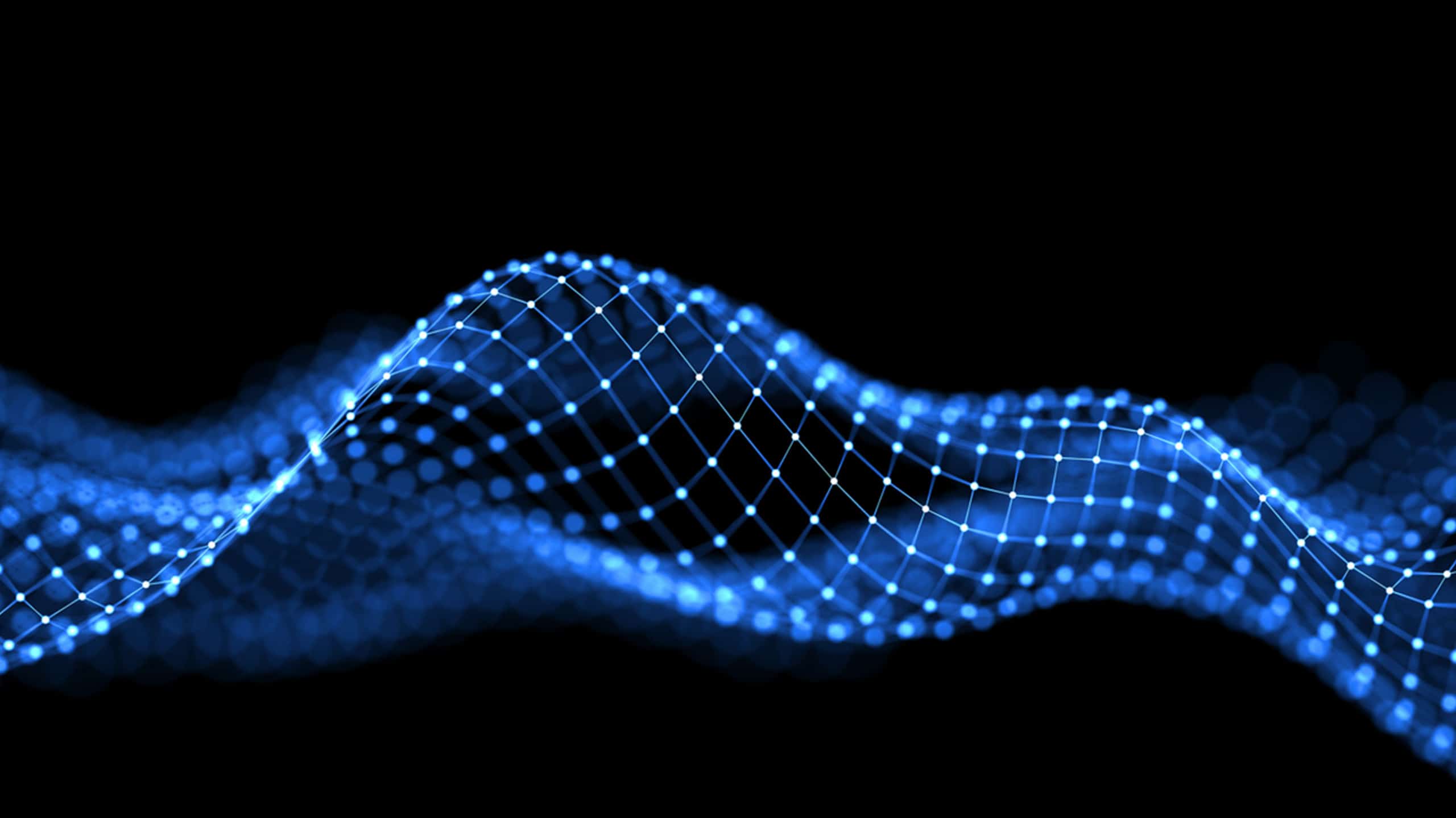 Abstract digital image showing a flowing grid of blue neon lights against a dark background, creating a dynamic wave-like pattern, enhanced with geolocation data.