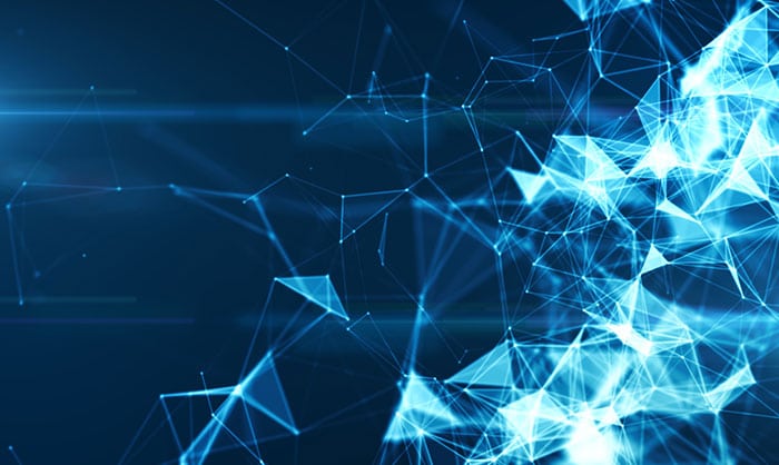 Abstract image of glowing blue interconnected nodes and lines on a dark background, symbolizing a digital network or data connections for enhancing vulnerability management.