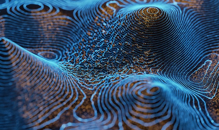 Abstract digital art featuring intricate blue and gold lines creating dynamic wave patterns, resembling a 3d topographic map on a dark background.