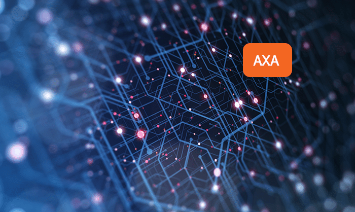 A digital graphic depicting a complex network of interconnected nodes and lines with glowing red dots, overlaid with the orange logo "axa." the background is a deep blue with a slight blur.