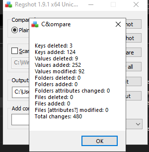 A pop-up window from Regshot 1.9.1 x64 displays a comparison summary: 3 keys deleted, 124 keys added, 9 values deleted, 252 values added, 92 values modified, 0 folders changed, and 0 files changed.