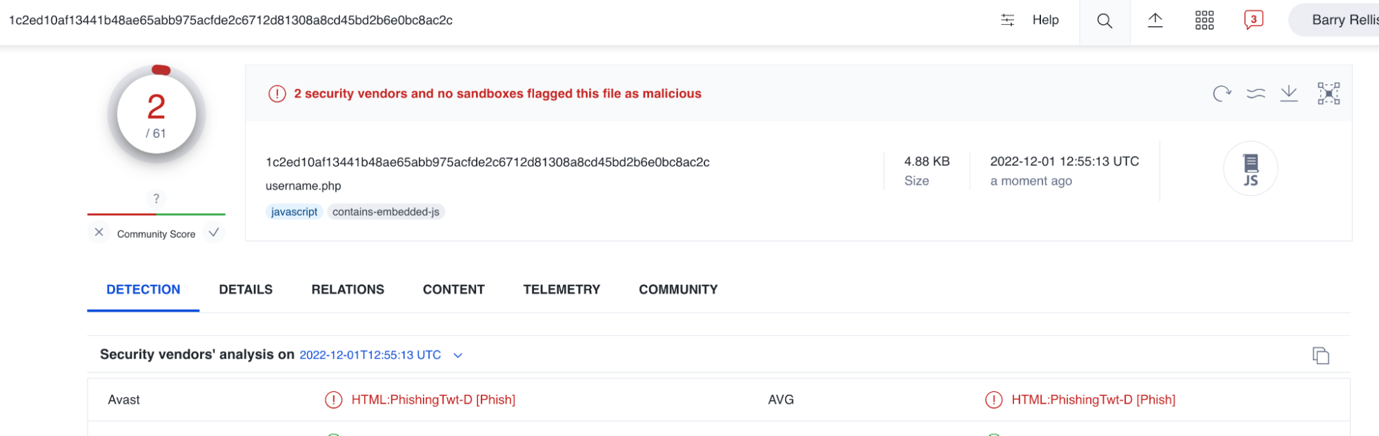 A screenshot of a VirusTotal scan showing a file named "username.php" flagged as malicious by 2 out of 61 security vendors, with phishing and HTML threats detected, and a red warning icon at the top.