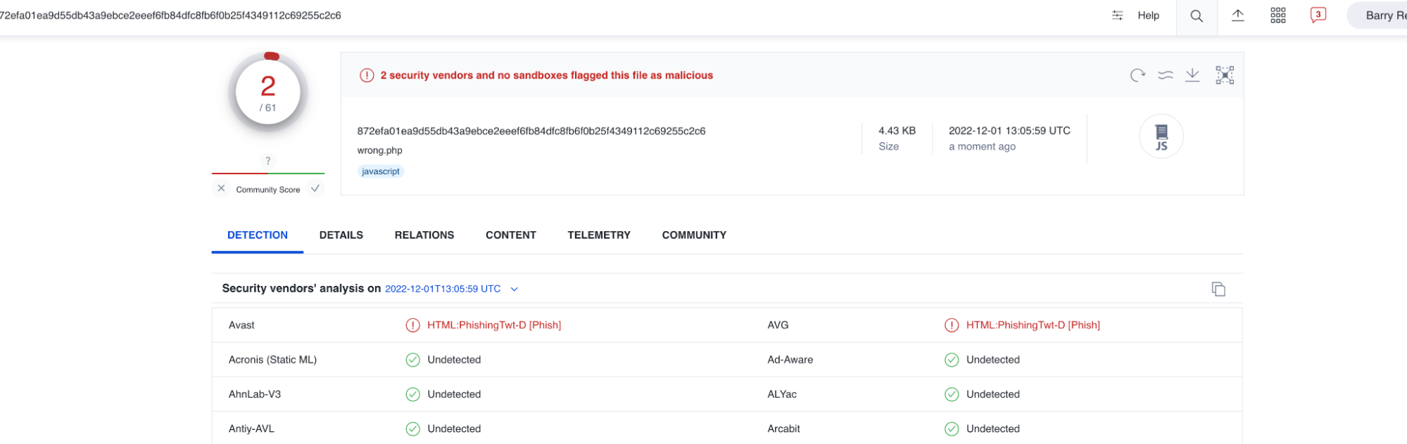 A VirusTotal scan result page shows a file named "wrong.php" flagged as malicious by 2 security vendors, with "HTML.Phishing" detected. The file details and scan statuses from various vendors are listed below.
