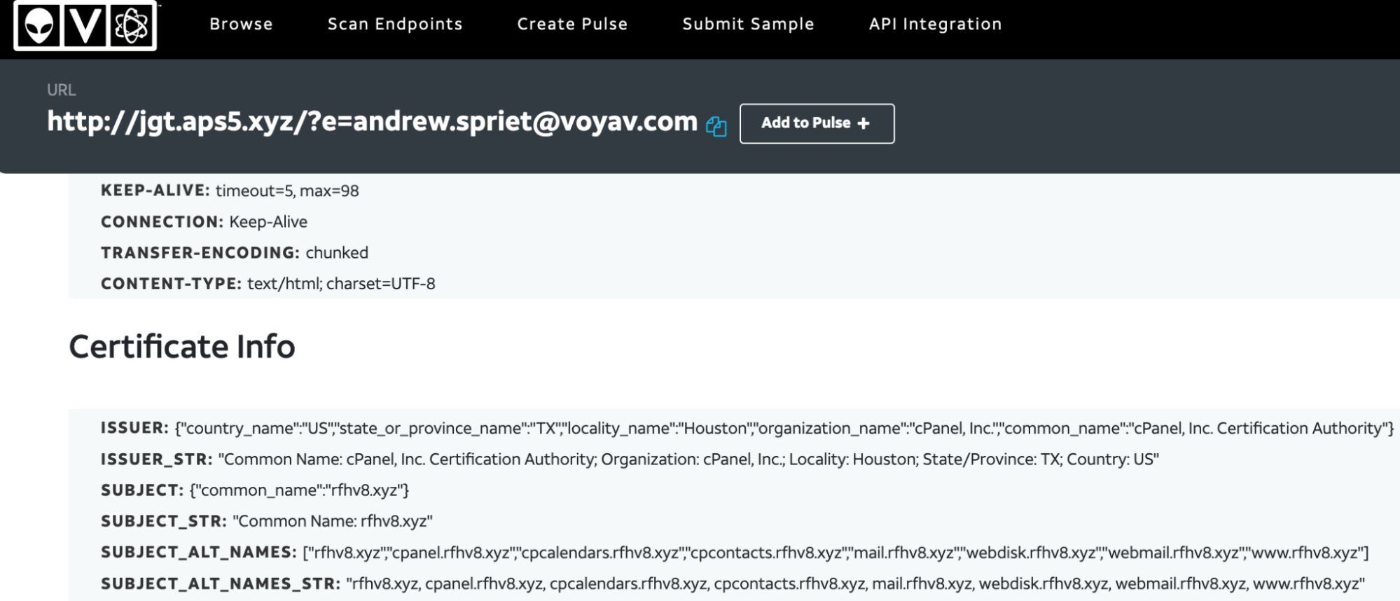 A website displays an SSL certificate’s information, including its issuer, subject details, and alternative names. The panel shows technical metadata and a URL at the top with certificate fields below.