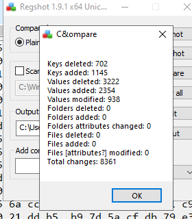 A pop-up window from Regshot shows a comparison summary: 702 keys deleted, 1145 added, 3222 values deleted, 2354 added, 938 values modified, and a total of 8361 changes detected.