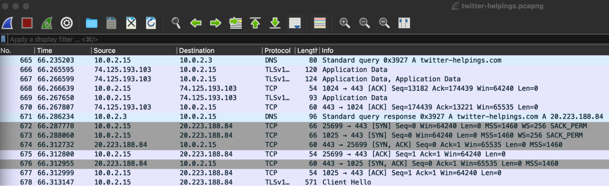 A Wireshark network protocol analyzer window displaying captured network packets, including columns for No., Time, Source, Destination, Protocol, Length, and Info, with packets highlighted in shades of blue and gray.