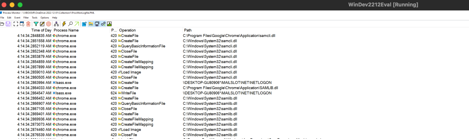 A computer screen shows a Sysinternals Process Monitor window displaying process activity, mostly related to chrome.exe, with details such as time, process name, operation, and file paths.