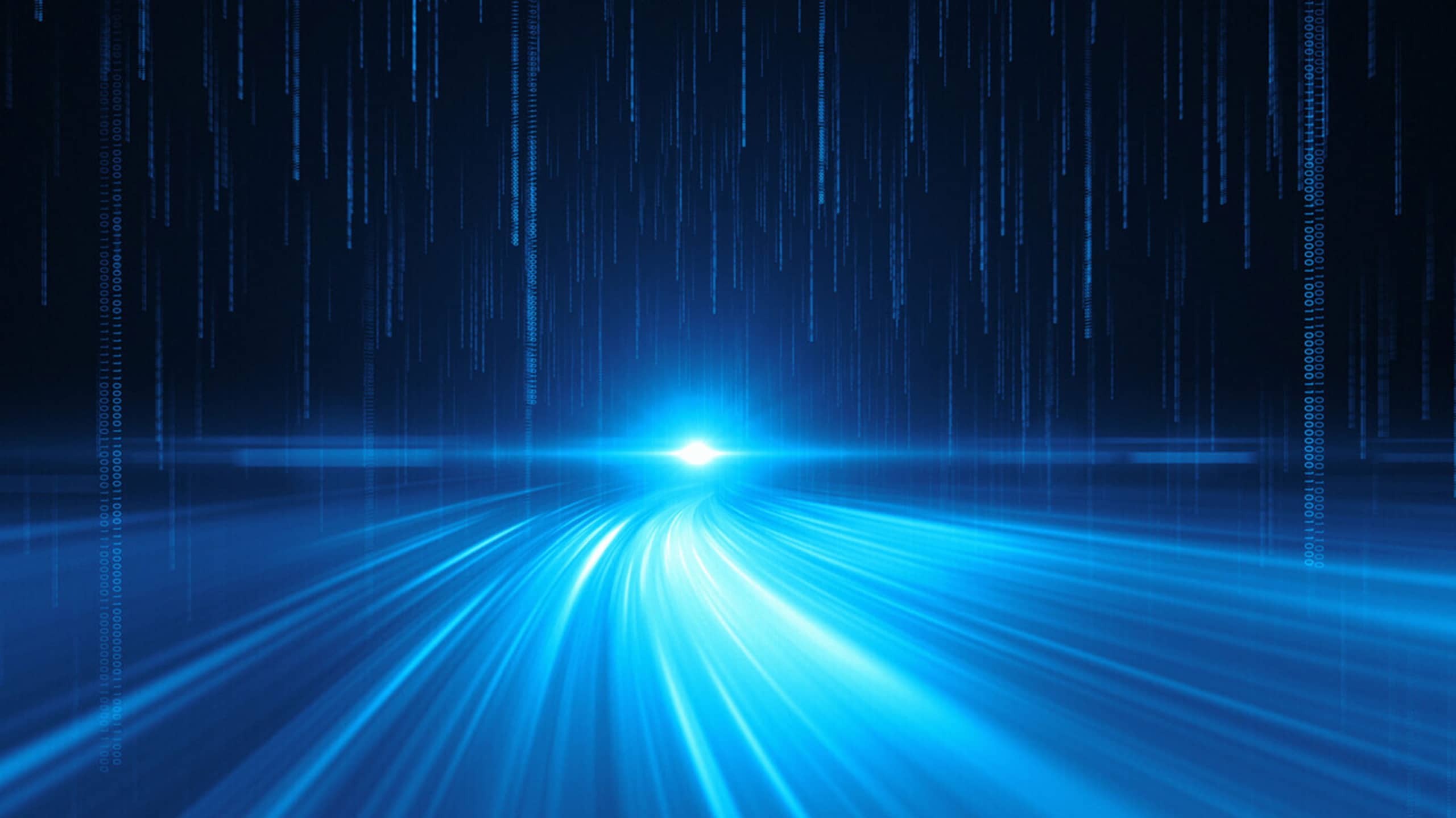 Abstract digital wallpaper featuring a bright light at the center with blue light rays and streaming lines of binary code against a dark background, reminiscent of Iris Investigate enhancements in a high-speed data network or virtual reality