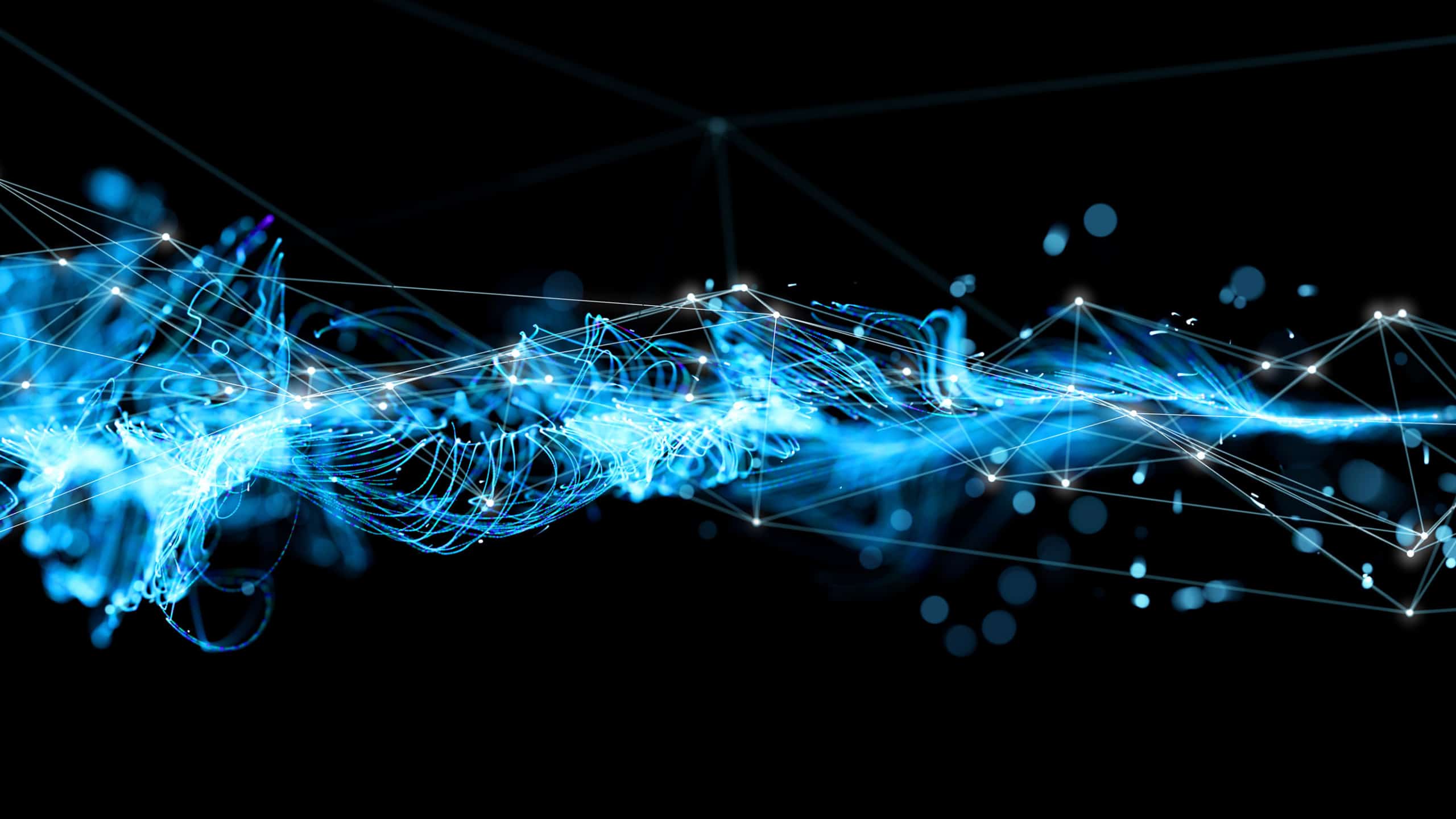 An abstract digital image featuring dynamic blue lines and connected dots on a dark background, representing a network or data flow concept.