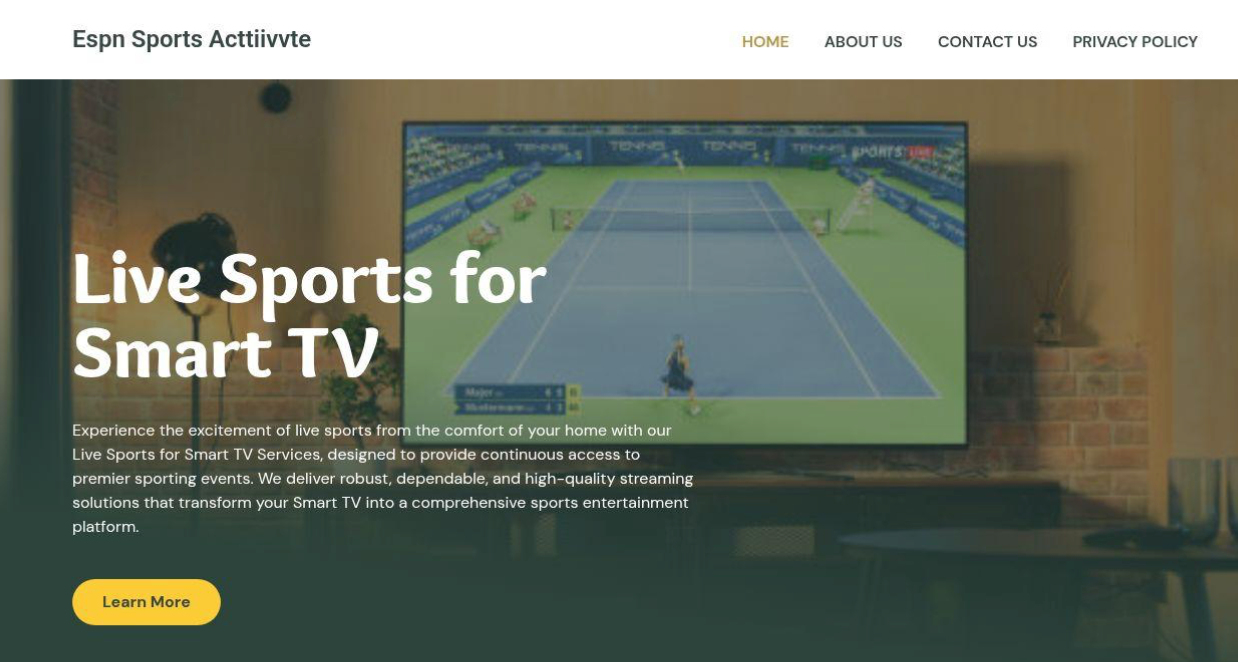 A living room with a large TV displaying a tennis match. Overlay text reads "Live Sports for Smart TV," featuring how to use the DomainTools Feed API in Splunk. A yellow "Learn More" button and the website menu are visible at the top.