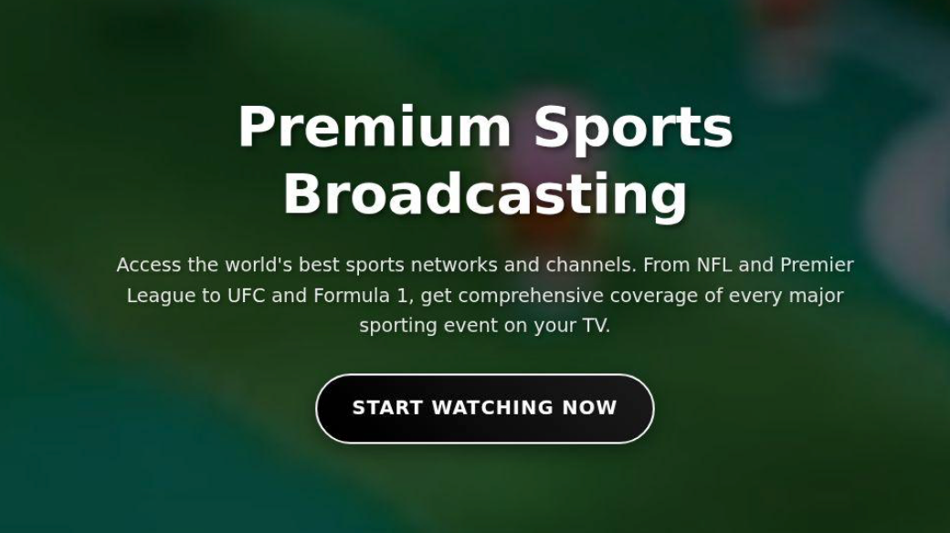 Text on a blurred sports-themed background reads: “Premium Sports Broadcasting. Access the world’s best sports networks and channels… get comprehensive coverage of every major sporting event on your TV by using the DomainTools Feed API in Splunk.” A button says, “Start Watching Now.”.
