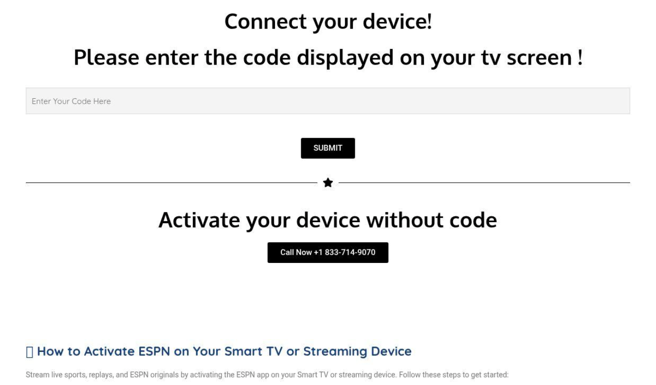 A website page instructing users to enter a code displayed on their TV to connect a device, with an input box, submit button, phone number for activation without a code, and a link to ESPN activation or using the DomainTools Feed API in Splunk.