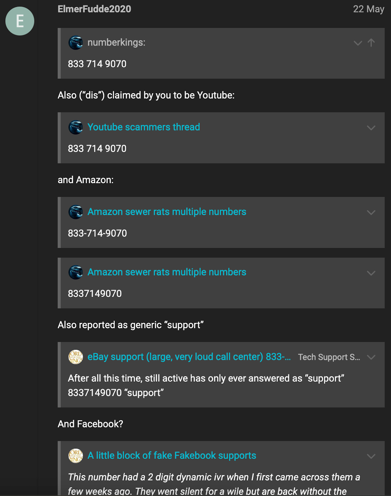 Screenshot of a forum post by ElmerFudde2020 listing the phone number 833 714 9070 and showing search results—using the DomainTools Feed API in Splunk—to link it to YouTube, Amazon, eBay, and Facebook as suspicious or falsely offering support.