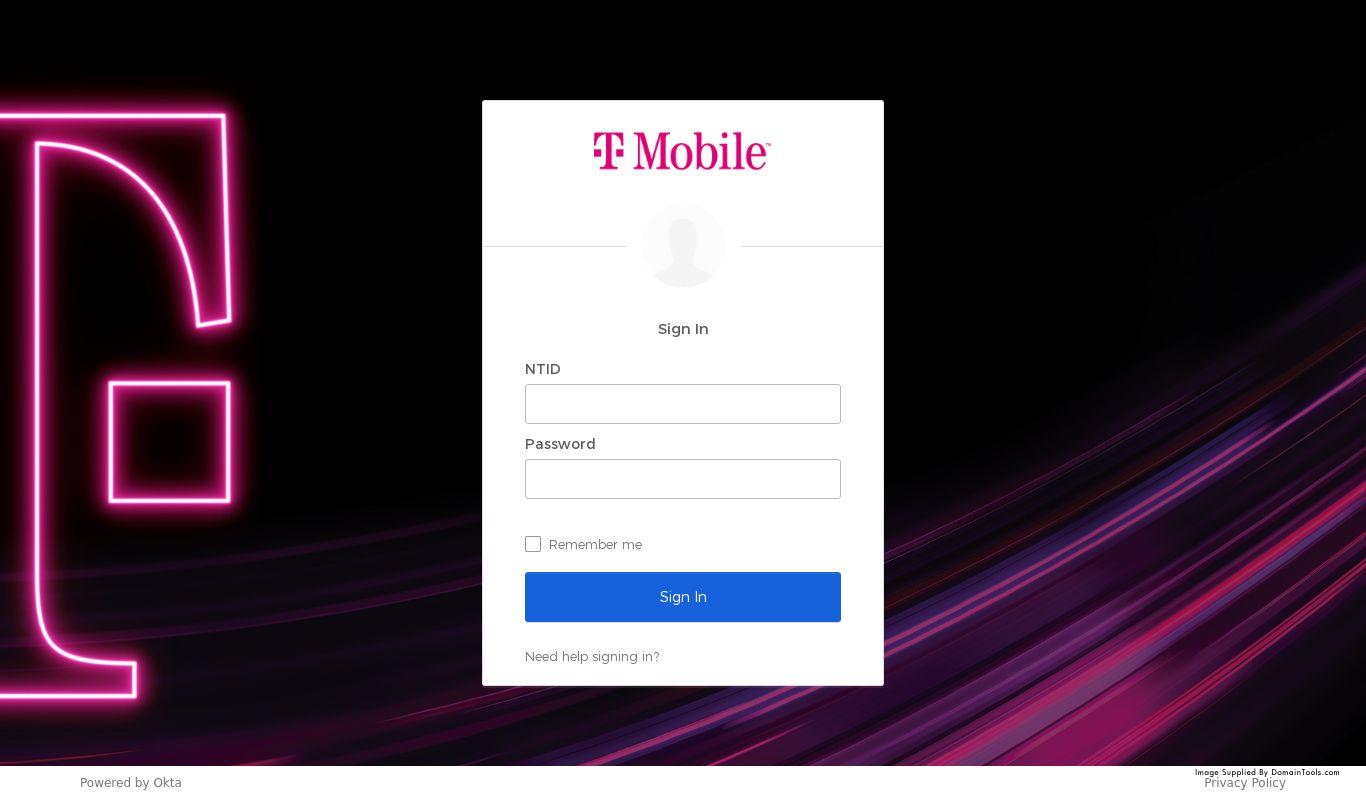 T-Mobile login page with fields for NTTD and password, a "Remember me" checkbox, and "Sign in" button. The background features the T-Mobile logo, neon pink lines on a dark background, and is monitored by domain monitors for security.