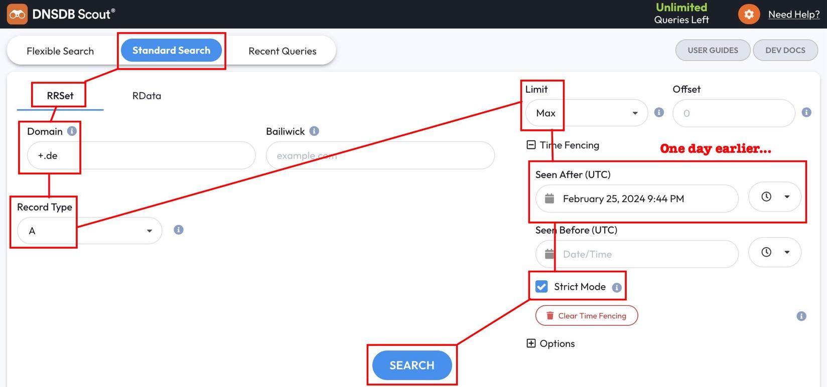 A DNSDB Scout search interface with “Standard Search” selected. Red boxes and arrows highlight options: RRSet, Domain, Record Type, Max Limit, Time Fencing, Strict Mode, the DNSDB Plus Sign Wildcard option, and the blue SEARCH button at the bottom.