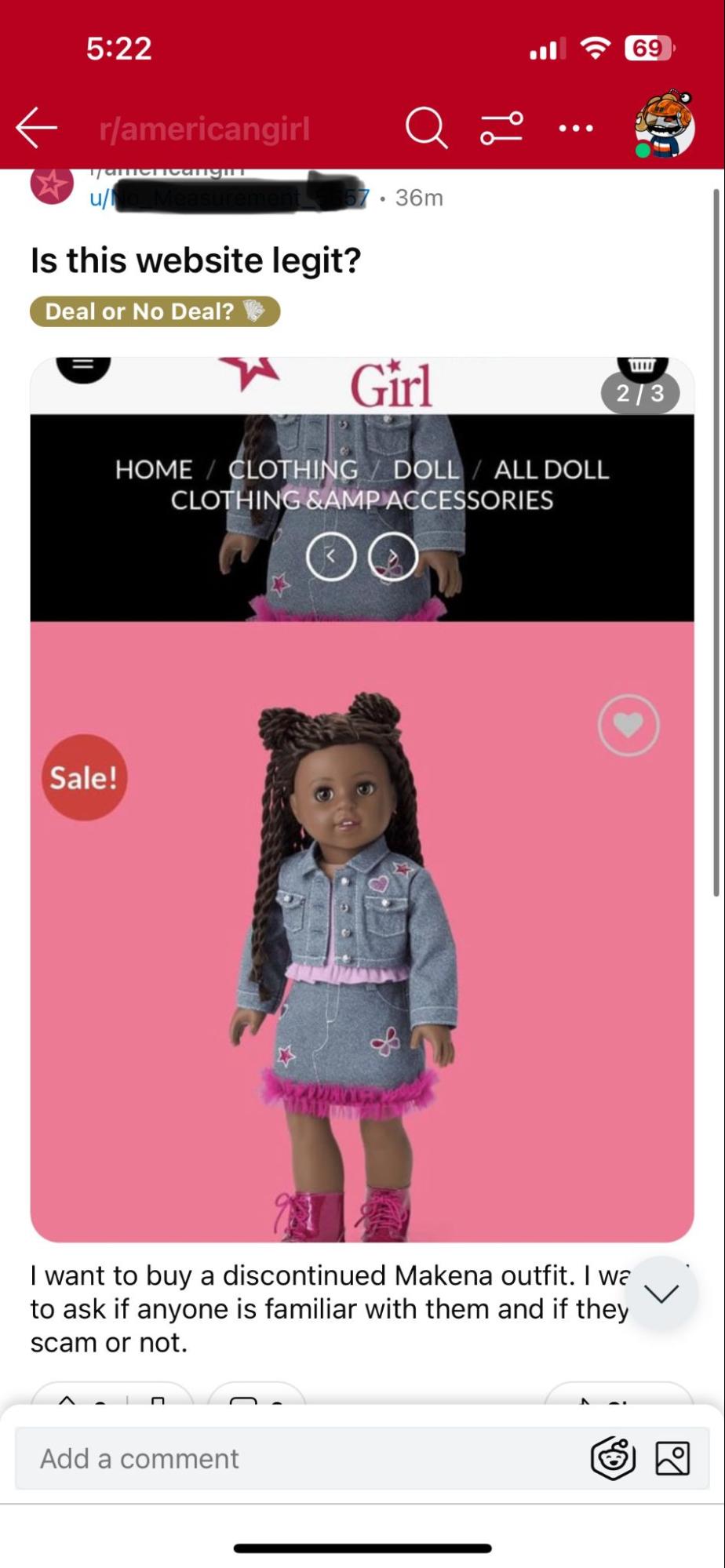 Screenshot of a Reddit post asking if a website is legit, showing a doll with brown skin and braided hair wearing a denim jacket and skirt with pink details. The doll is displayed on a website with a pink background.