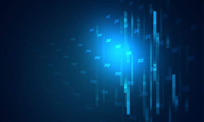 Abstract digital background with blue light beams and floating plus signs, creating a dynamic and futuristic visual effect.