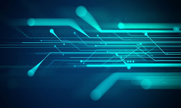 Abstract digital background featuring glowing blue lines and dots connected by pathways, symbolizing network connections or data streams on a dark surface.