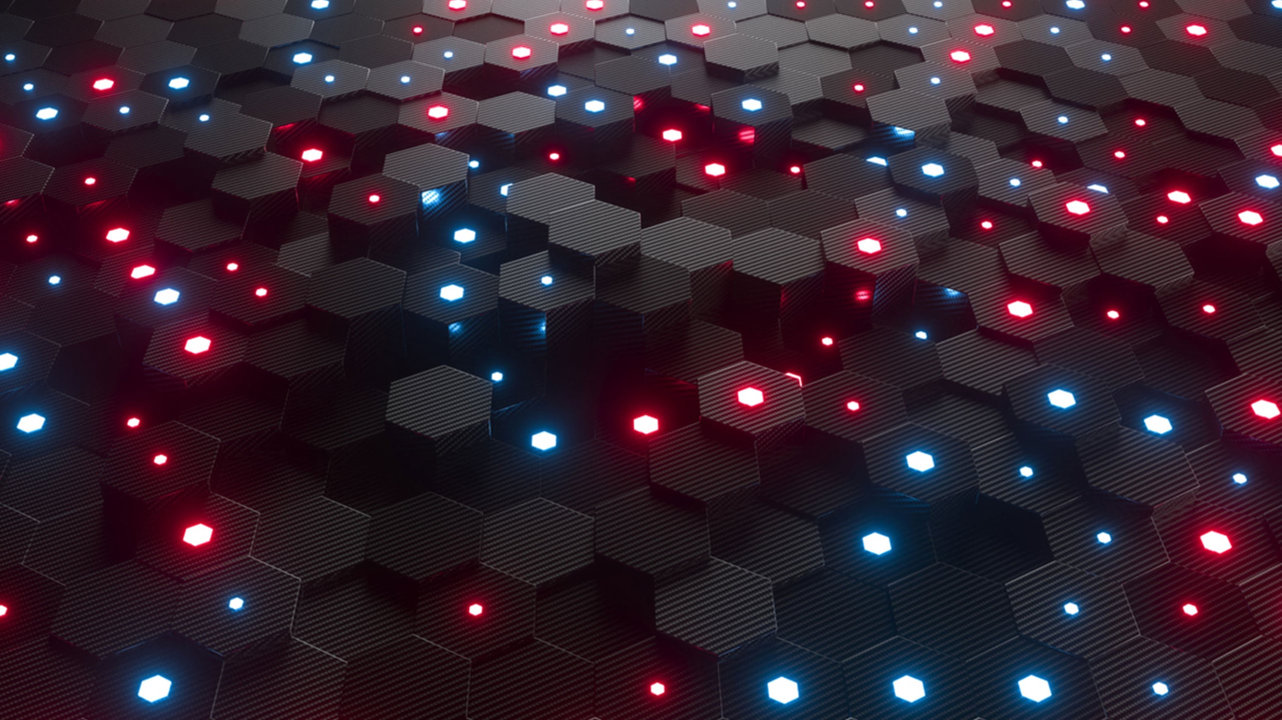 A close-up view of a 3D hexagonal pattern surface illuminated by red and blue LED lights, creating a futuristic, geometric texture that resembles the complexity of IPV4 address space in DNSDB.