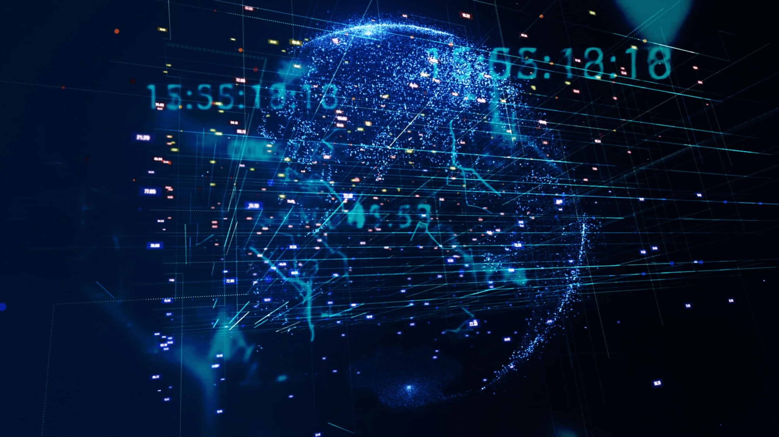 A digital graphic depicting a rotating globe constructed from blue lights and connected lines with floating numerical data and timecodes, on a dark background with scattered colorful pixels.