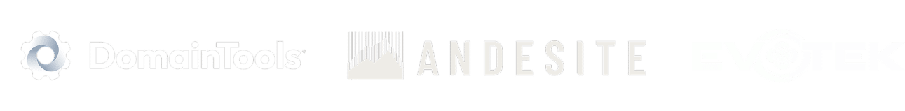 Logos of three companies on a black background: DomainTools with a gear icon—perfect for a DomainTools demo—ANDESITE with a mountain graphic, and EVOTEK featuring stylized text and circular elements.