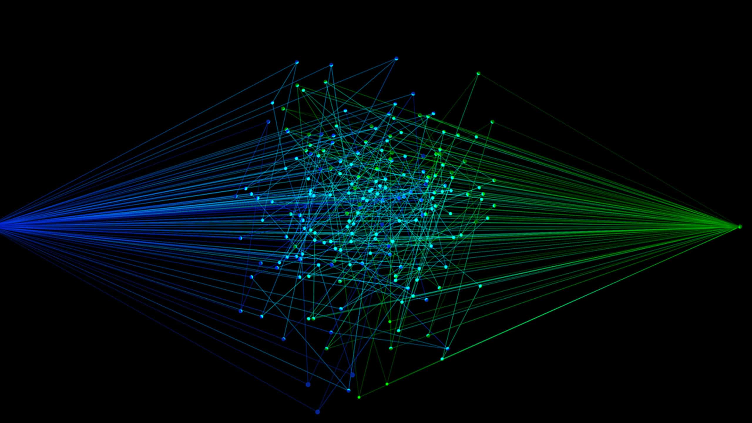 A digital illustration of a complex network structure with nodes and interconnected lines, shining in variably bright blue and green colors on a black background, representing the concepts discussed in "Malicious Intent and