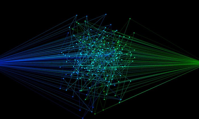 A digital illustration of a complex network, depicted by interconnected lines and nodes with vibrant blue and green colors on a black background, visually represents the concept of "Malicious Intent and You: A Primer on