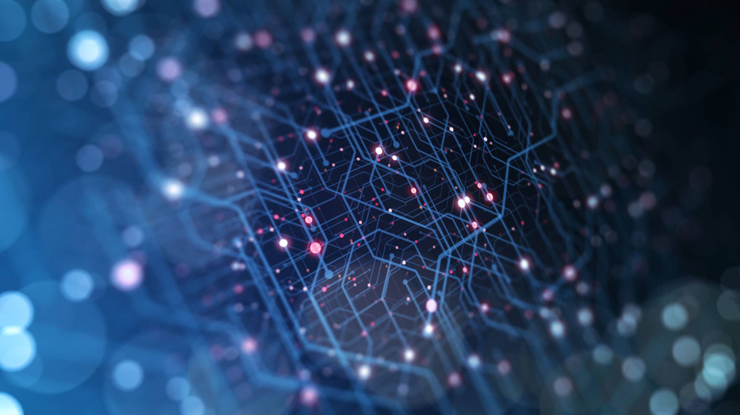 Abstract network background image featuring interconnected lines and nodes with glowing points, set against a dark blue backdrop with bokeh effects.
