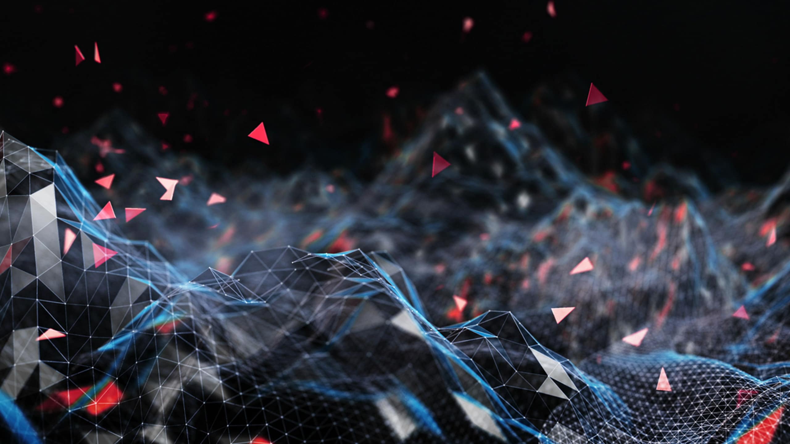 Abstract digital landscape with dynamic blue mesh grid and floating red geometric shapes on a dark background, conveying a sense of futuristic technology and Mastodon data flow.