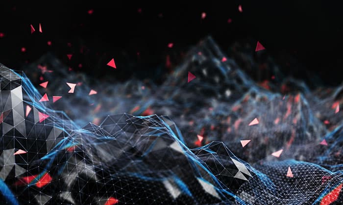 Abstract digital landscape featuring a wireframe terrain with peaks and valleys, highlighted by blue and red floating particles, set against a dark background, depicting the theme "Nowhere Near Extinction: Mastodon One