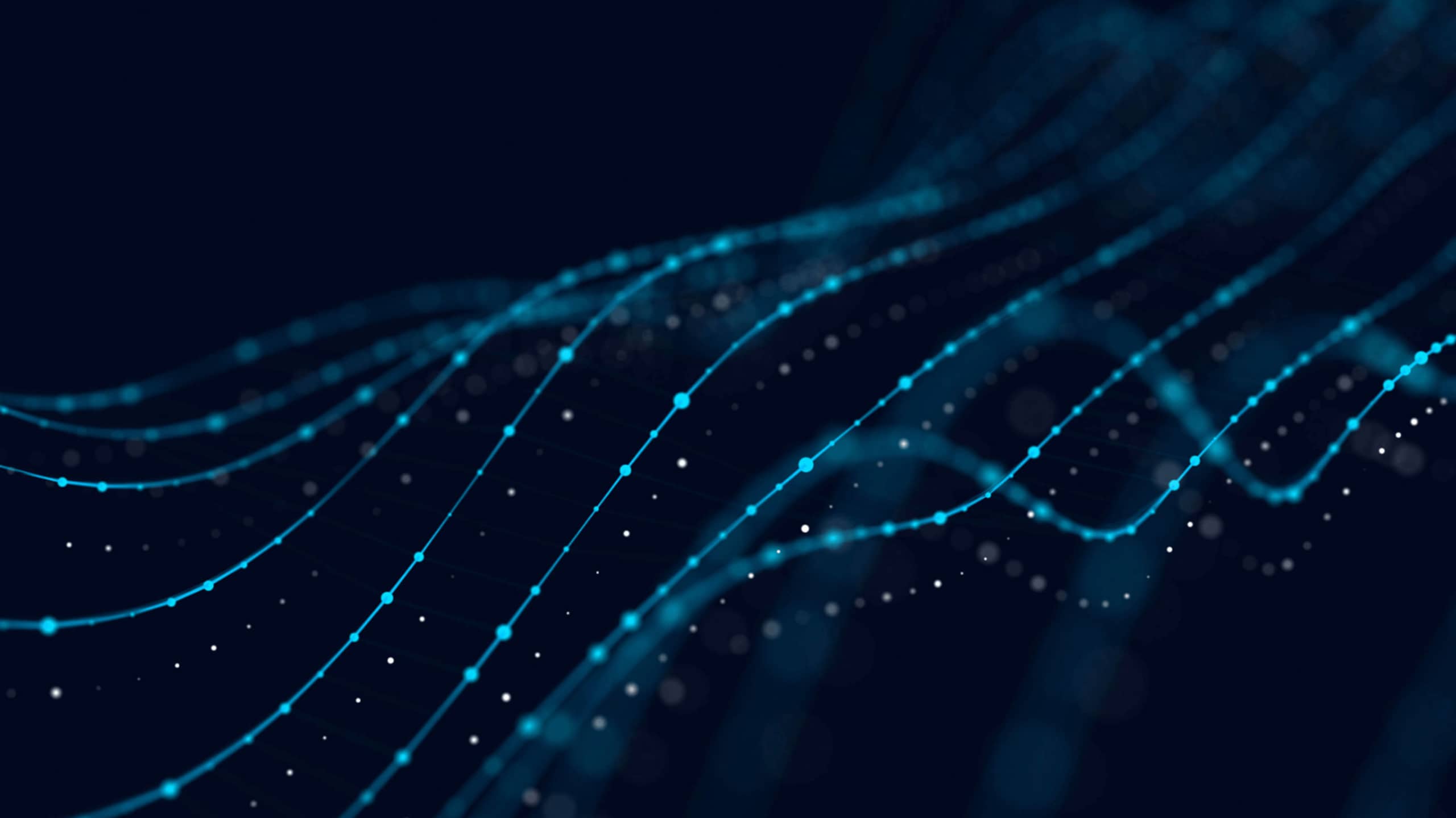 Abstract digital background featuring flowing blue lines with connected dots, representing a network or data stream, against a dark blue backdrop.