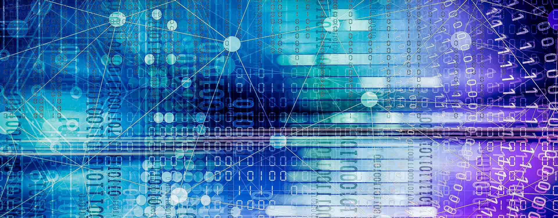 Abstract digital artwork showing layers of binary code, circuit diagrams, and network connections in a blend of blue and purple hues, symbolizing complex technology and data communication.