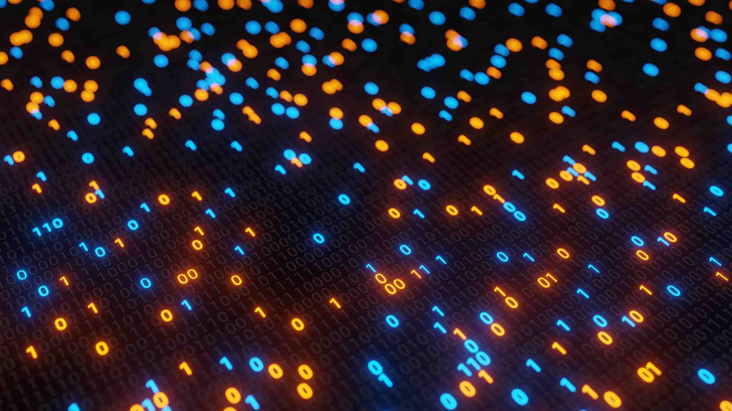 Blurry blue and orange lights over a digital binary code background, symbolizing data, technology, or cybersecurity concepts.