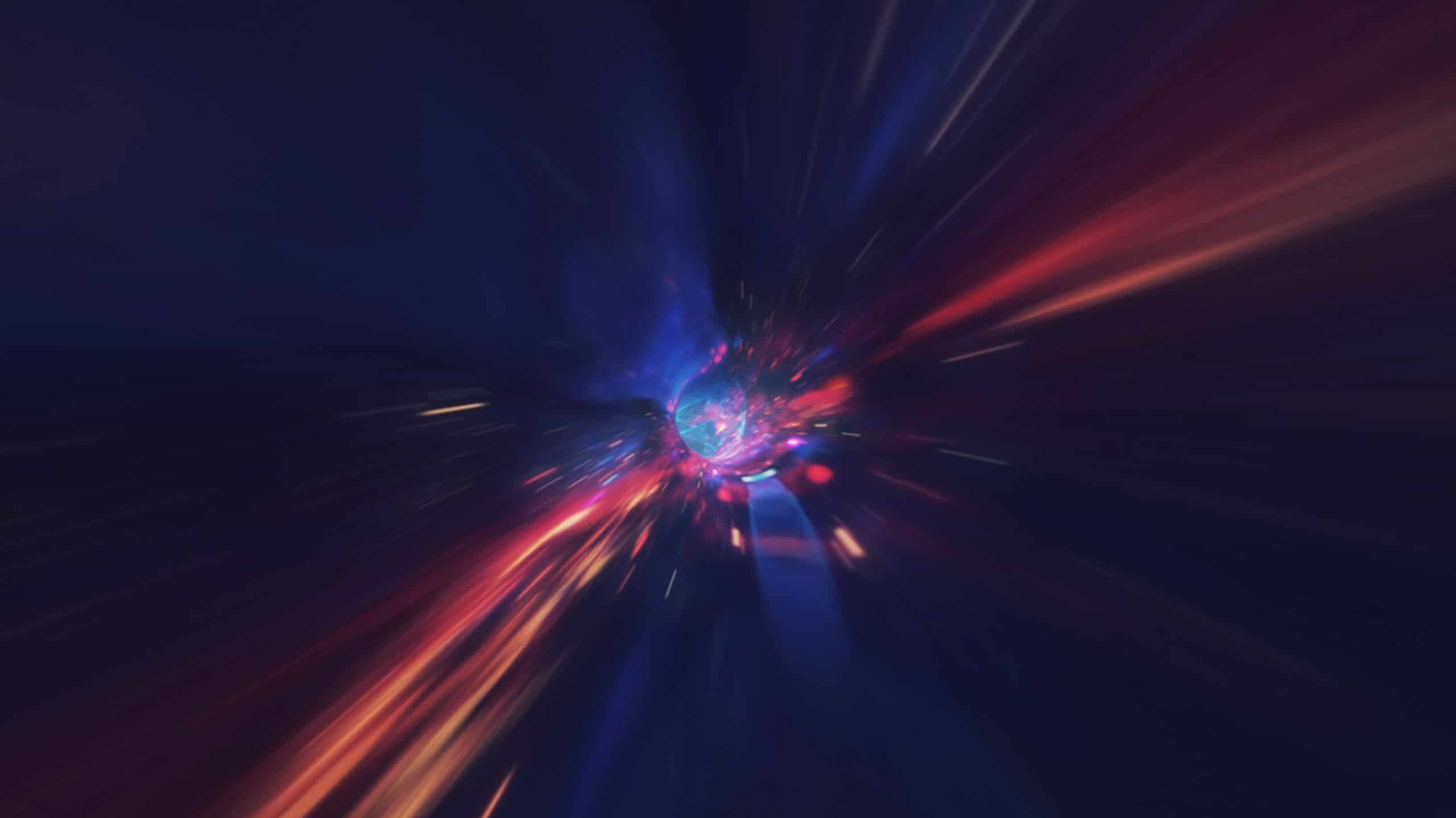 Abstract image showing a burst of light with blue and red streaks radiating from a central bright spot against a dark background, creating a dynamic, cosmic feel that evokes the concept of Zero Trust.
