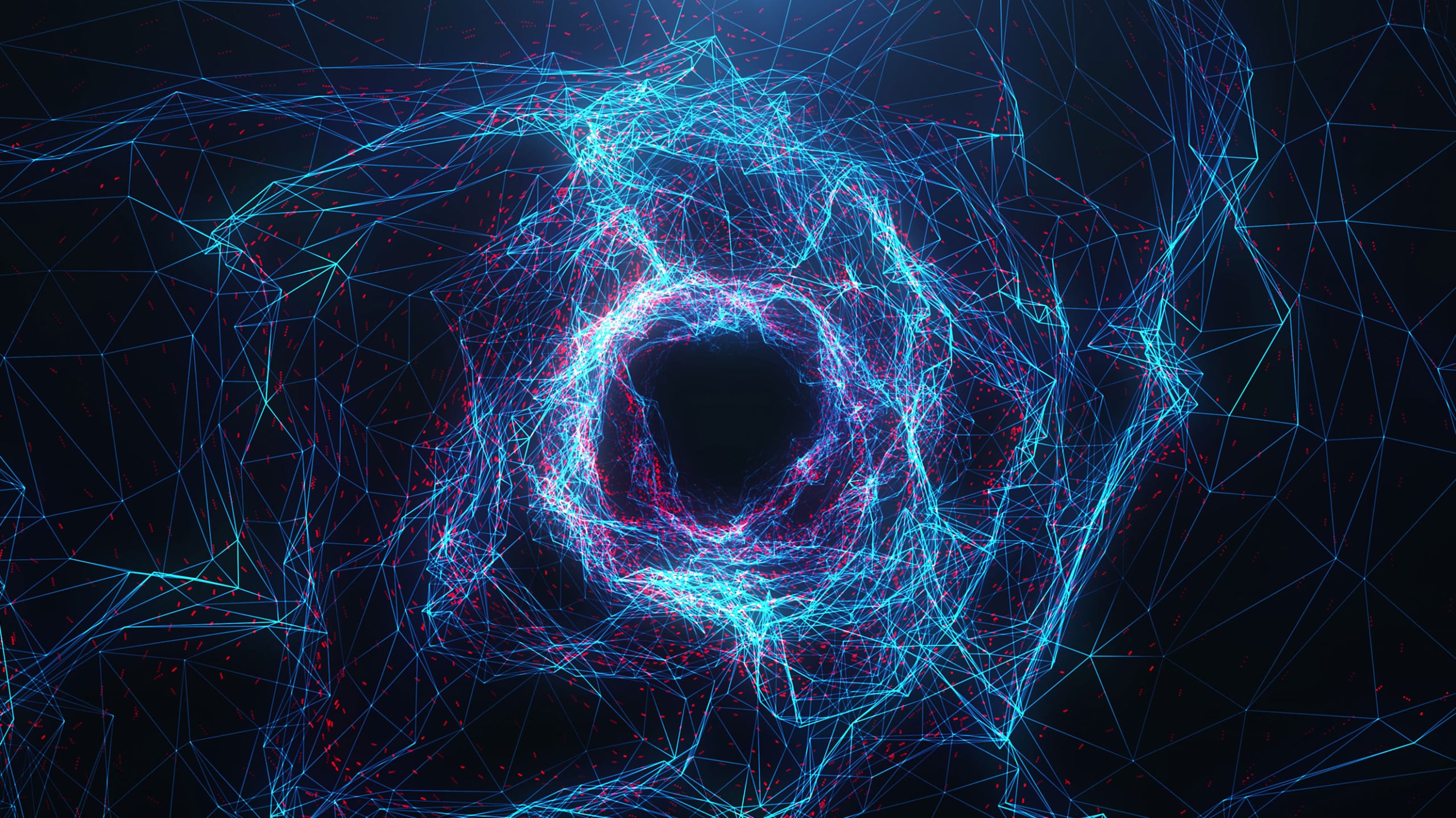 A digital representation of a black hole surrounded by a network of glowing blue and red lines on a dark background, symbolizing how neurodiversity strengthens interconnected data or cosmic activity.