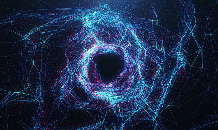 A digital illustration of a black hole surrounded by a network of interconnected blue and pink lines on a dark background, depicting a complex neurodiversity web.