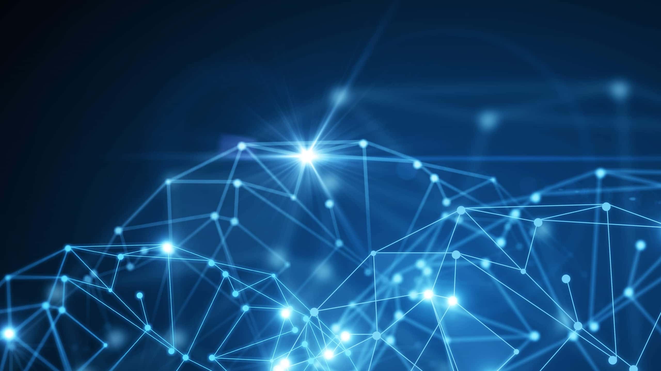 Abstract background of interconnected lines and dots forming a network on a deep blue backdrop, symbolizing digital or technological connectivity.