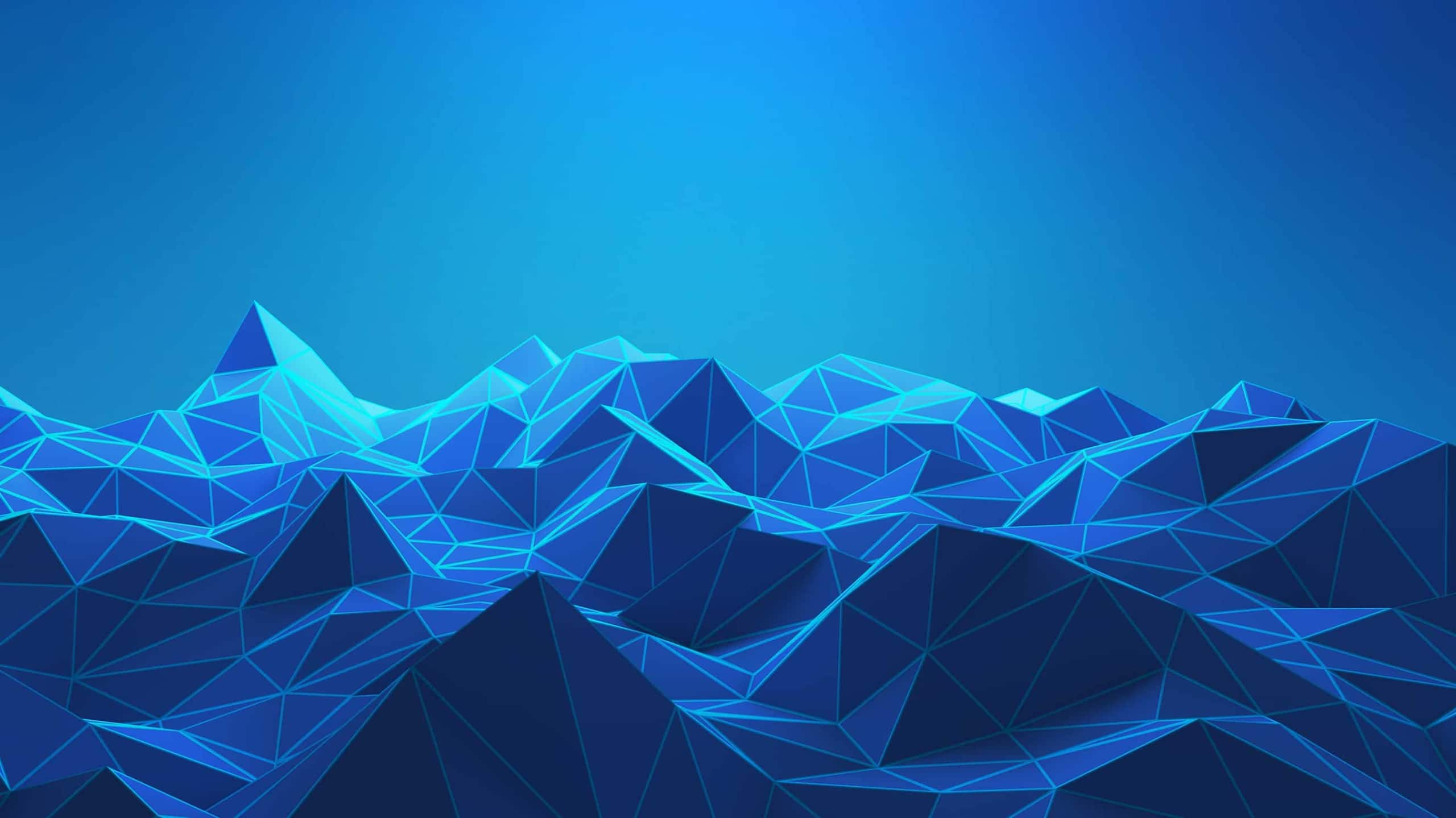 A digital, abstract landscape of angular, geometric mountains under a radiant blue gradient sky, depicted in a low-poly art style with varying shades of blue.
