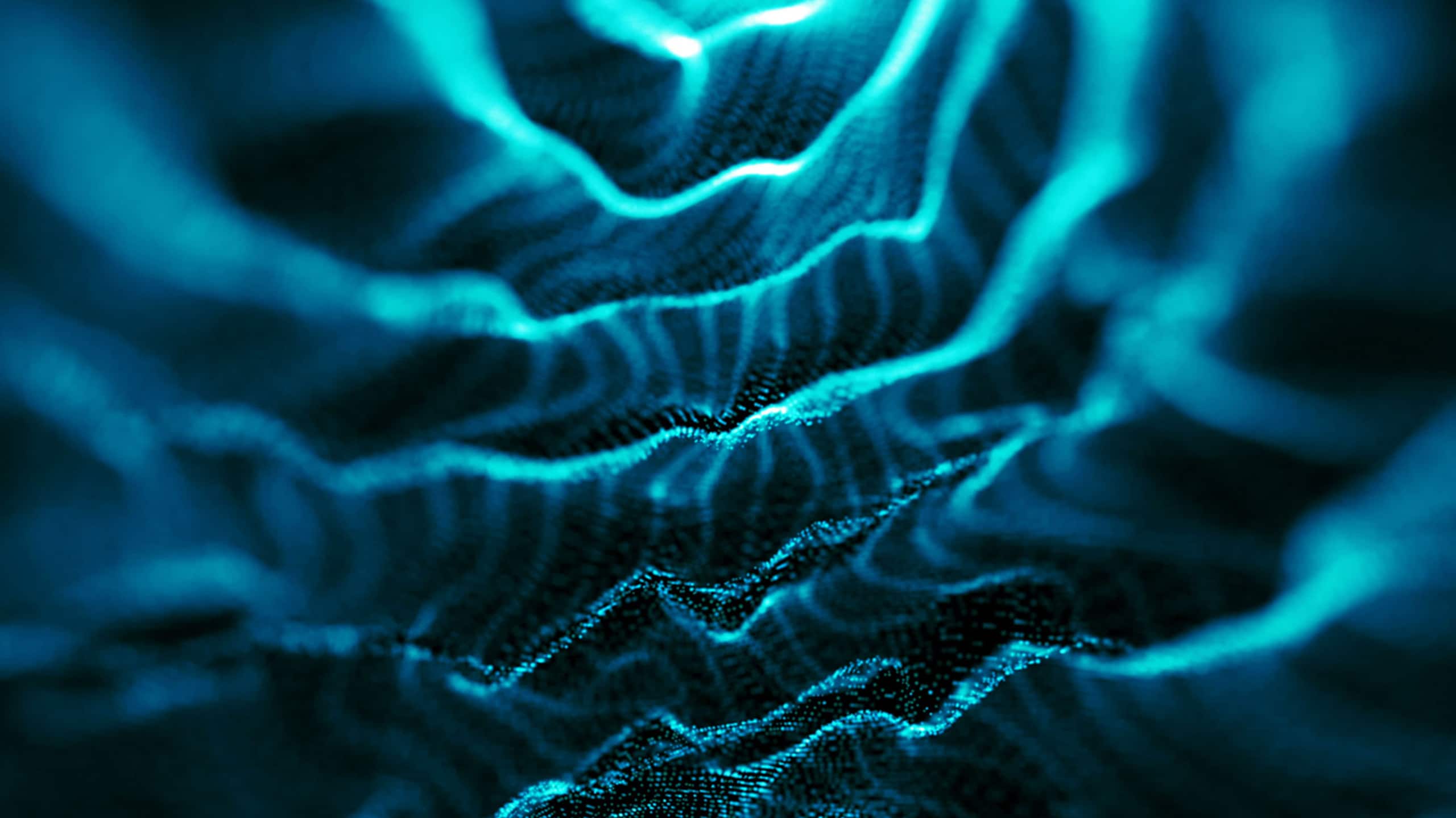 Abstract digital image depicting a flowing blue and black wave pattern with glowing cyan highlights, visualizing data or sound waves in a dynamic, close-up view, navigating the world of AI.