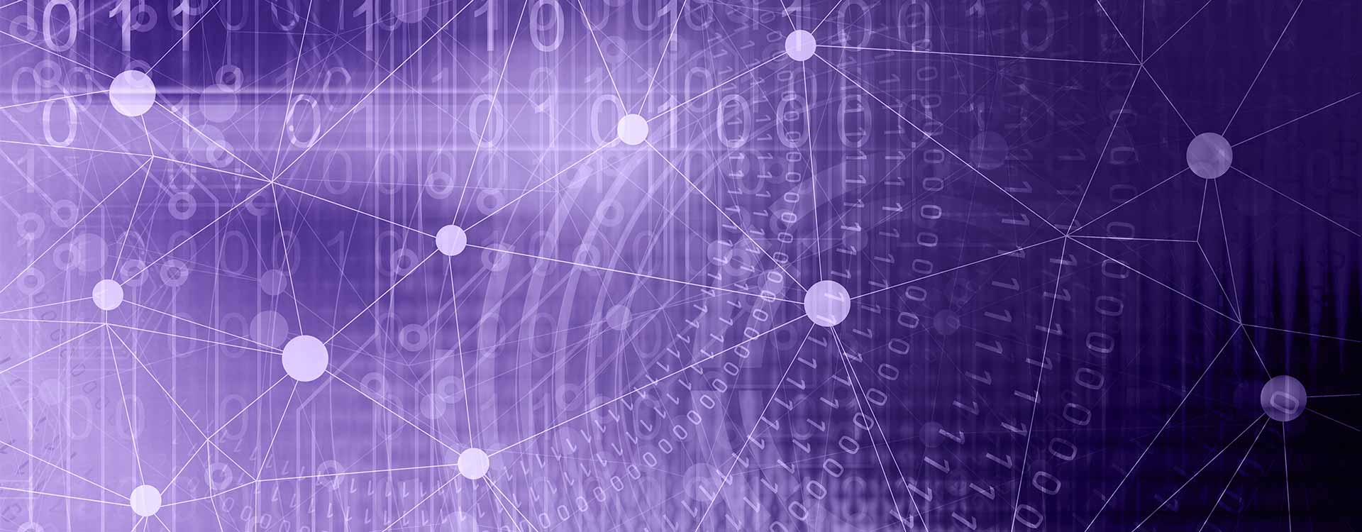 Abstract digital background in purple hues with white network lines and nodes overlaying streaming binary code, symbolizing technology and connectivity.