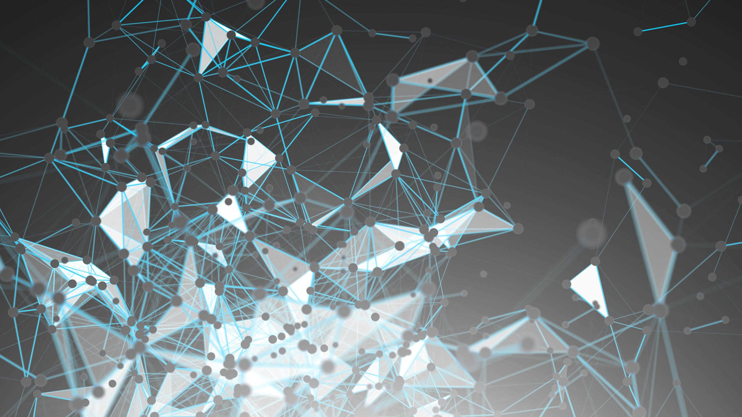 A digital graphic featuring a network of connected lines and dots, forming a complex mesh, with a gradient from white to dark grey background.